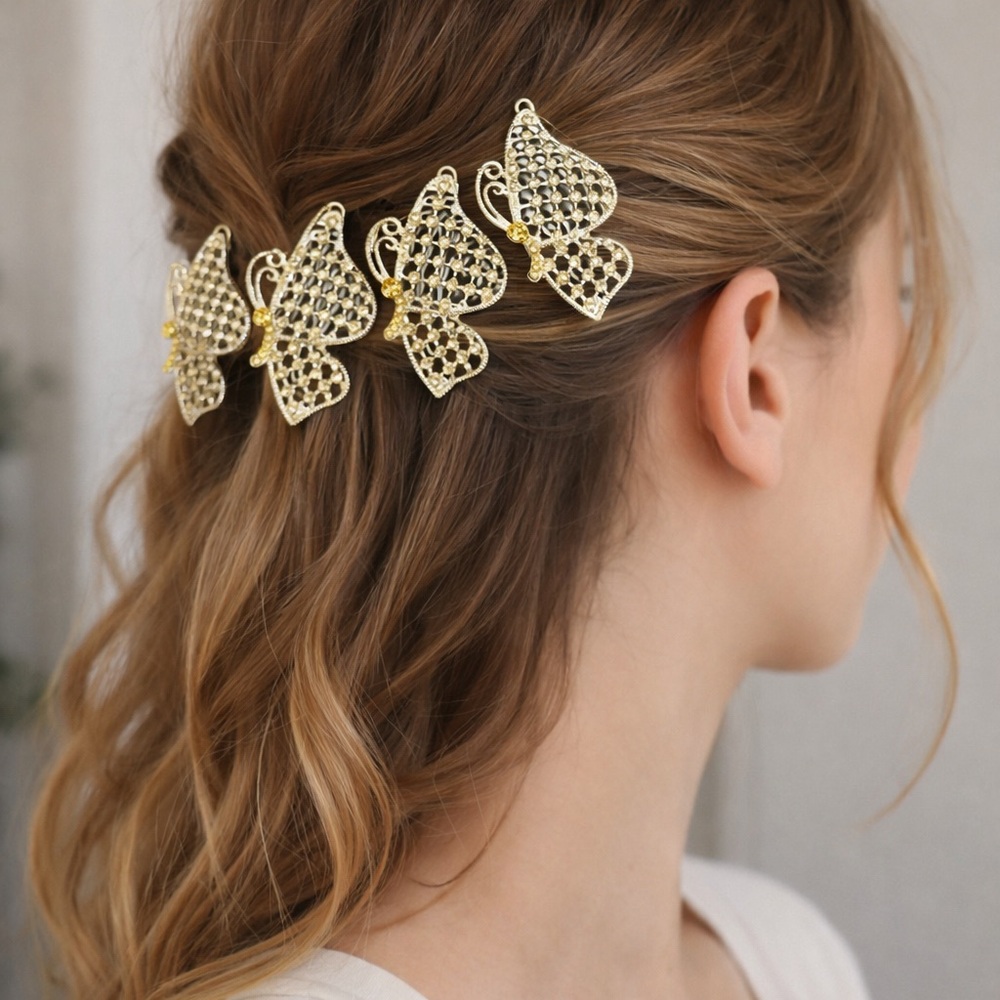 Set of 6 rhinestone butterfly hair clips NEW